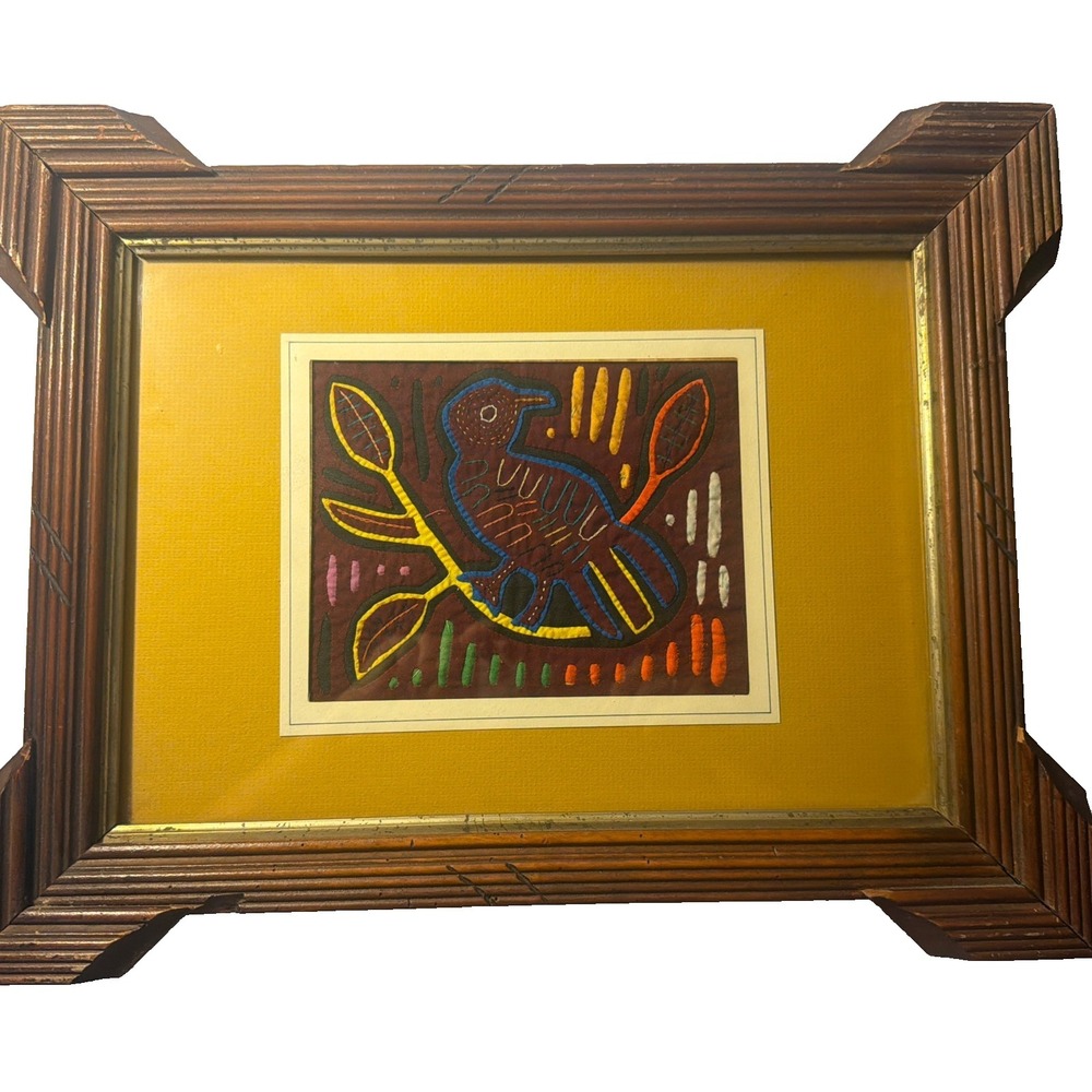 Vintage Kuna Indian Panama Mola Textile Bird Branch Matted Framed Folk Art